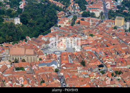 Looking down on Council Square in Brasov from Tâmpa, Brasov, Romania. Stock Photo