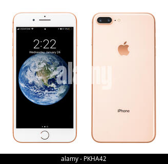 Kyiv, Ukraine - January 24, 2018: Front and back view of Apple iPhone 8 Plus Gold  isolated on white background with clipping path Stock Photo