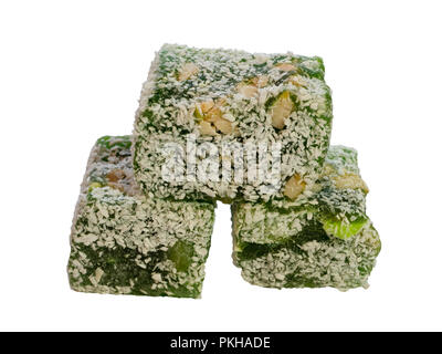 three pieces of green turkish delight jelly candy on white background isolated Stock Photo