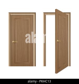 Vector realistic different opened and closed brown wooden door icon set closeup isolated on white background. Elements of architecture. Design templat Stock Vector
