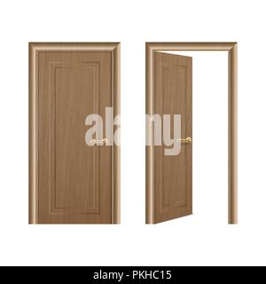 Vector realistic different opened and closed brown wooden door icon set closeup isolated on white background. Elements of architecture. Design templat Stock Vector