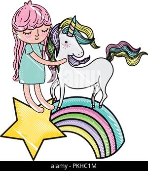 scribbled beauty girl and unicorn with nice hairstyle Stock Vector ...