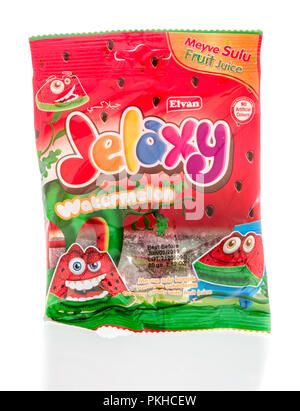 Winneconne, WI - 31 August 2018: A package of Elvan Jelaxy watermelon candy from Turkey on an isolated background Stock Photo