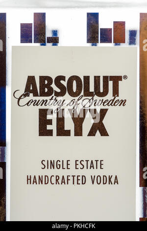 Winneconne, WI - 7 September 2018: A bottle of Absolut ELYX single estate handcrafted vodka from Sweden on an isolated background Stock Photo