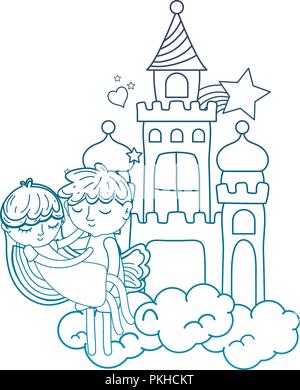 degraded outline boy carrying girl in the castle clouds Stock Vector