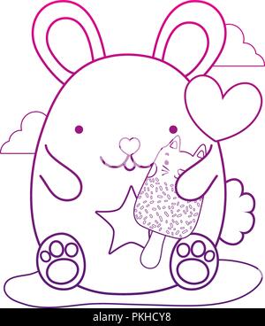 degraded outline cute mouse and kawaii cat ice lolly Stock Vector