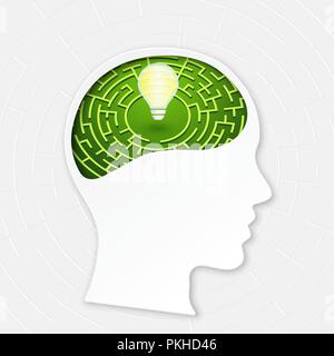 Head with  maze line brain, mind labyrinth, mental work. Vector illustration concept for  strategic thinking, problem solving, creativity, business, s Stock Vector