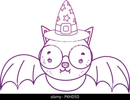 degraded outline bat wearing glasses with witch hat Stock Vector
