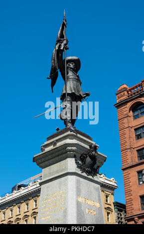 Paul Chomedey de Maisonneube memorial in Place d'Armes in Old Town Montreal, QC, Canada. He is a controversial figure of French Canadian history Stock Photo