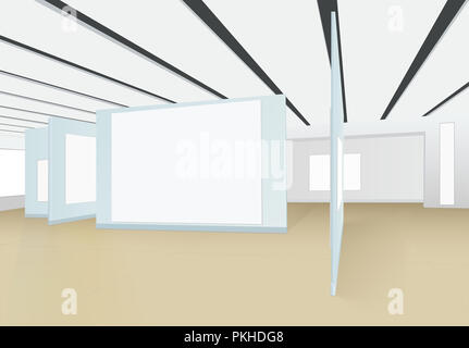 3D panorama of empty hall of the picture gallery with boards for paintings, photographs and other exhibits, white isolated places for pictures, the st Stock Photo