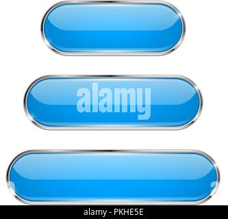 Blue oval buttons. 3d glass menu icons with metal frame Stock Vector