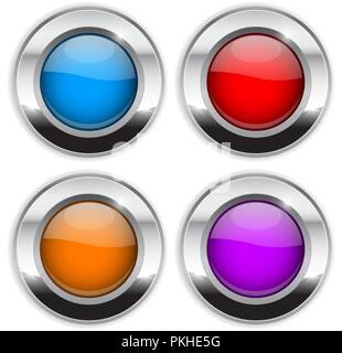 Colored round buttons. Glass 3d shiny icons with wide metal frame Stock Vector