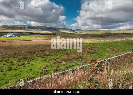 North Pennines AONB landscape, Cronkely Scar and Widdybank from Hanging Shaw in strong autumn sunshine Stock Photo