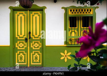 A purple flower is seen growing in front of a brightly painted colonial house in Jericó, a village in the coffee region (Zona cafetera) of Colombia, 2 Stock Photo