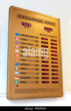 Currency Exchange Rate Board in New York City, New York, USA.