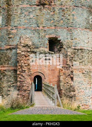 Moat bridge entrance of 14th century curtain wall fortified Tantallon Castle, North Berwick, East Lothian, Scotland, UK Stock Photo