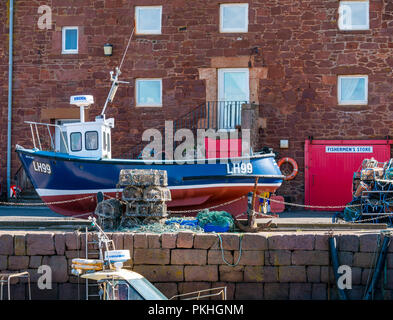 Fishing boat and lobster pots on quayside, North Berwick harbour, East Lothian, Scotland, UK Stock Photo