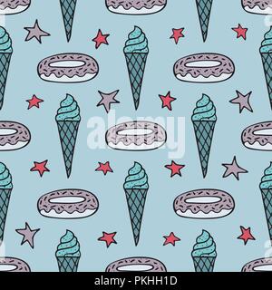 Lovely seamless pattern with hand-drawn donuts, ice cream, and stars. Stock Vector