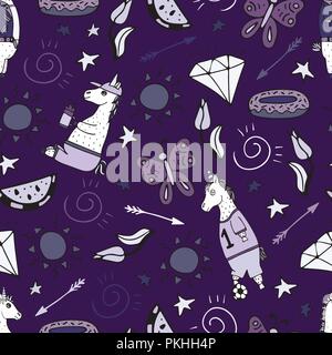 Lovely seamless pattern with hand-drawn unicorns and cute doodles. Stock Vector