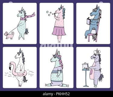 The cute set of 6 funny hand-drawn unicorns. Stock Vector