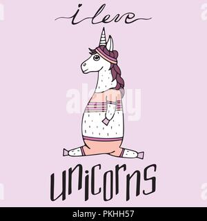 Lovely hand-drawn unicorn-girl playing sports and a lettering - i love unicorns. Stock Vector