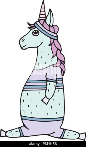 Lovely hand-drawn unicorn-girl playing sports and a lettering - i love unicorns. Stock Vector