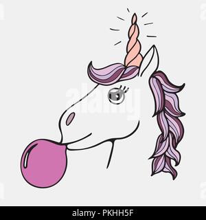 Lovely hand-drawn unicorn the inflating sphere from chewing gum. Stock Vector