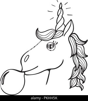 Lovely hand-drawn unicorn the inflating sphere from chewing gum. Stock Vector