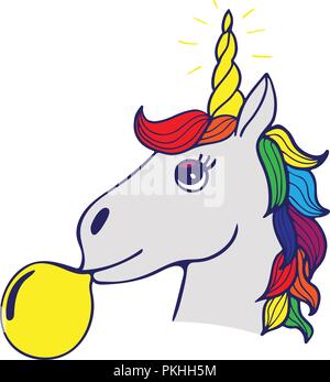 Lovely hand-drawn unicorn the inflating sphere from chewing gum. Stock Vector