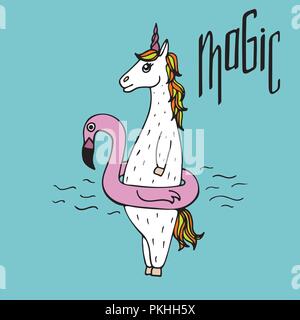 Lovely hand-drawn unicorn floating in an inflatable circle flamingo. Stock Vector