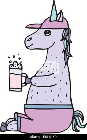 Lovely hand-drawn unicorn-football fan with a glass of beer. Stock Vector