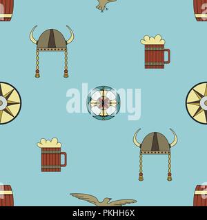Cute vector seamless pattern about vikings life. Stock Vector