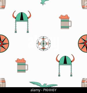 Bright vector seamless pattern about vikings life. Stock Vector