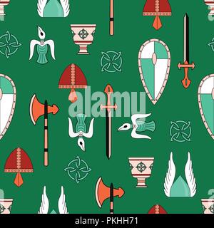 Bright vector seamless pattern about vikings life. Stock Vector