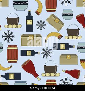 Cute vector seamless pattern about vikings life. Stock Vector
