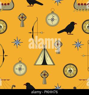 Cute vector seamless pattern about vikings life. Stock Vector