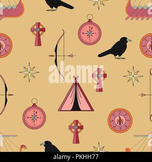 Bright vector seamless pattern about vikings life. Stock Vector