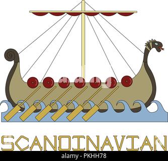 Bright illustration of the Scandinavian life. Ship of Vikings. Stock Vector