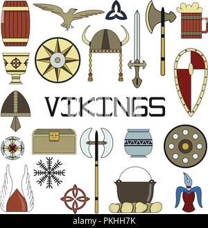 Set of bright vector illustrations for the design of Viking's life. Stock Vector
