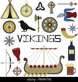Set of bright vector illustrations for the design of Viking's life. Stock Vector