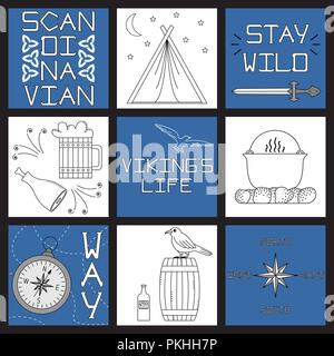 Set of black-and-white vector illustrations for the design of Viking's life. Stock Vector