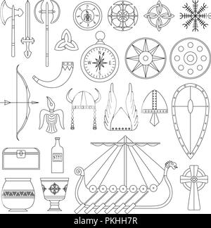 Set of black-and-white vector illustrations for the design of Viking's life. Stock Vector