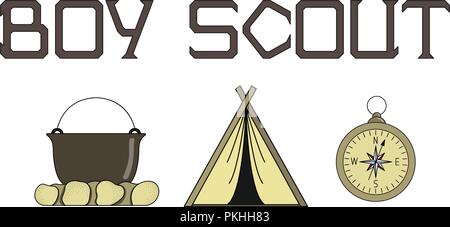 Bright illustration for boy scouts with a tent, a fire, and a compass. Stock Vector