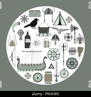 Set of bright vector illustrations for the design of Viking's life. Stock Vector