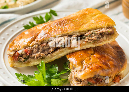 Homemade Lamb and Tomato Arayes Pita with Hummus Stock Photo