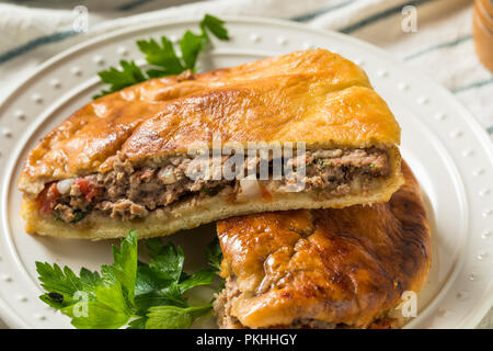 Homemade Lamb and Tomato Arayes Pita with Hummus Stock Photo