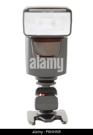 An external flash and transmitter unit on a white background. Stock Photo