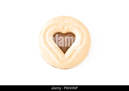 A shortbread and chocolate heart shaped cookie on a white background. Stock Photo
