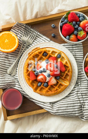 Healthy Homemade Breakfast in Bed with Waffles Fruit Cereal Stock Photo