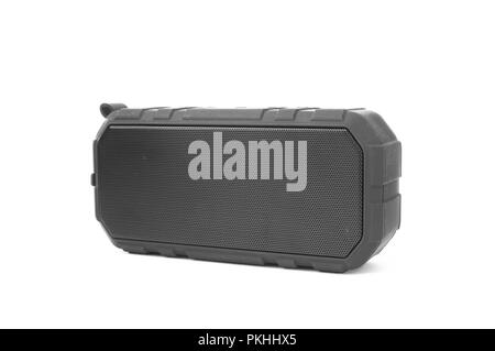 An isolated bluetooth speaker angled on a white background. Stock Photo